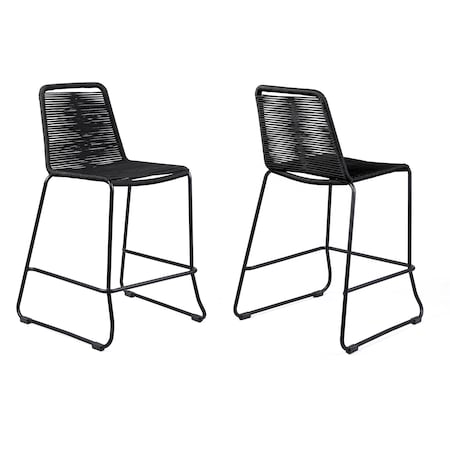 Armen Living Shasta 30" Outdoor Metal and Black Rope Stackable Barstool, PK2 LCSTBABLBLK30